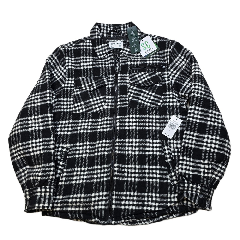 Sovereign Code Shirt Jacket Mens Small Black White Plaid Quilted‎ Lined Zip NEW